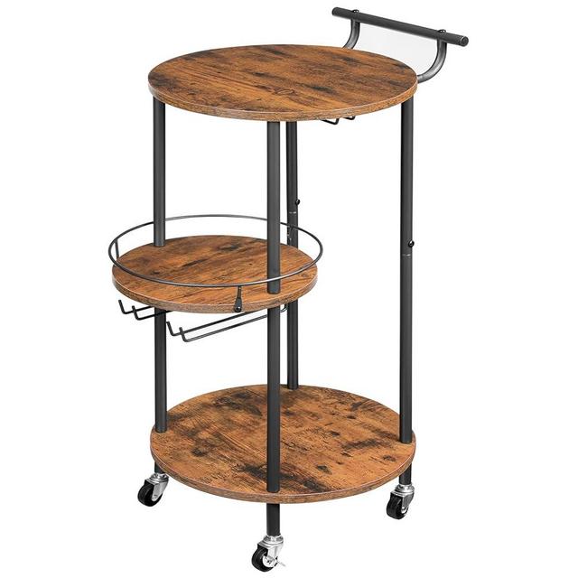 HOOBRO 3-Tier Round Bar Cart for The Home, Mini Bar Cart with Suspended Laminate and Lockable Wheels, Rolling Wine Cart with Fence for Living Room, Kitchen, Rustic Brown and Black BF32TC01