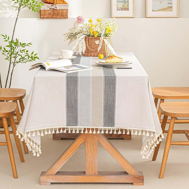 SIELUNO Farmhouse Tablecloth Cotton Linen Waterproof Burlap Table Cloth Rectangle Table Cloths for Kitchen Dinning Tabletop Decoration-Grey, Macaron Stripes-Rectangle, 55''x 86'', 6-8 Seats