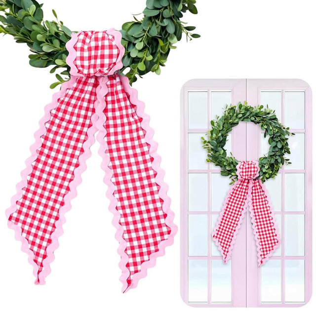 Whaline 2Pcs Wreath Sash for Front Door White Red Plaid Garland Ribbon for Holiday Wedding Birthday Party Home Decor Indoor Outdoor