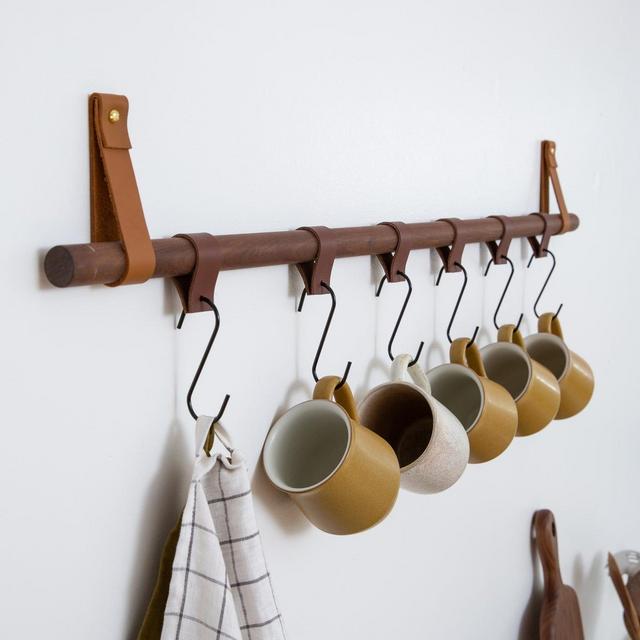 Hanging Storage Kit kitchen pot rack rod hooks for mugs kitchen utensil rail organizer leather & brass towel holder minimalist hooks decor