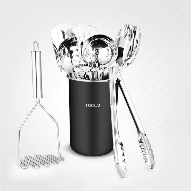 Avador® Premium Set of 10 Stainless Steel (BLACK HOLDER) Kitchen Tool Set with Holder Easy To Clean, Space Saving, Great for Cooking, Baking, Prepping (BLACK)