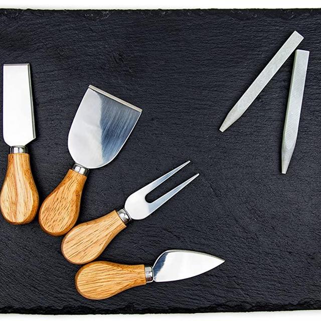 Slate Cheese Board Set - Deluxe Cheese Serving Tray with Stainless Steel Handles - Includes 4 Cheese Knives and 2 Soapstone Chalks - Great for Home & Restaurant Cheese Tapas & Appetizers Serving