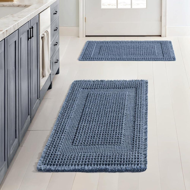 MIULEE Set of 2 Waffle Bathroom Rugs, Boho Bath Rug Super Absorbent, Non Slip Washable Ultra Soft Rubber Backed Shower Bath Mats for Floor, Tub, Shower, Looped Design, Blue, 17x24 Inch