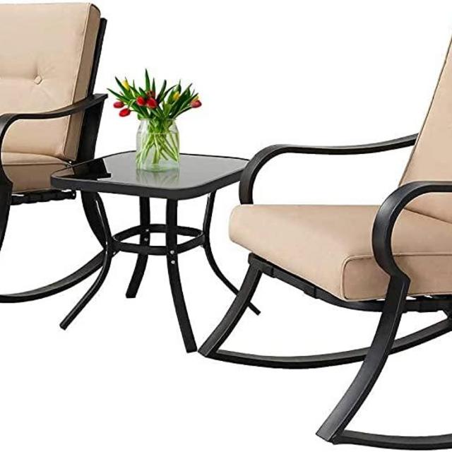 Incbruce 3 Piece Patio Bistro Set Outdoor Rocking Chairs Set, Porch Patio Chairs Set of 2 with Coffee Table (Brown Thickened Cushion)
