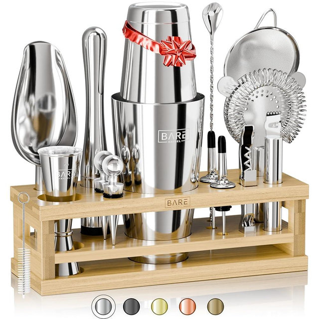BARE BARREL® Mixology Bartender Kit Bar Set | 16-Piece Cocktail Shaker Set | Martini Barware Mixing Tools for Home Bartending | Incl. 35 Recipe Cards | Gift Set (28oz Boston Shaker, Silver/Natural)