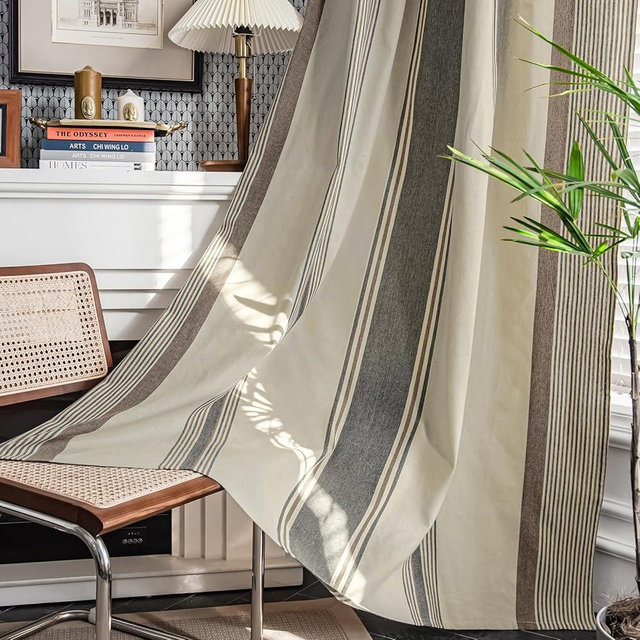 ColorBird Brown and Grey Striped Curtains 2 Panels Set, Modern Farmhouse Vintage Patterned Short Kitchen Curtain 63 Inches Length, Light Filtering Window Treatment Drapes for Living Room Bedroom