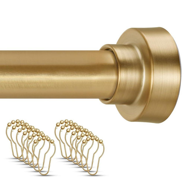 YNL Shower Curtain Rod 34-82 Inches with 12Pcs Shower Curtain Rings, Adjustable Gold Shower Rod No Drilling, Non-Slip, Never Rust, Stainless Steel, Suitable for Bathroom Window Kitchen, Gold