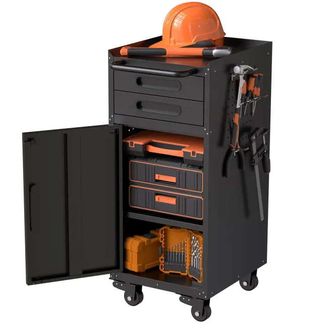 VIYET 34" Narrow Rolling Tool Cabinet - Slim 2-Drawer Space-Saving Storage with Lockable Door, Black