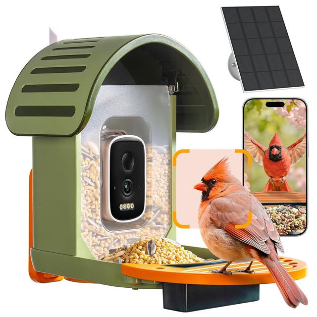 Smart Bird Feeder with Camera, 2.5K UHD Bird Feeder Camera Solar Powerd, Sensitive AI Identification, Instant Alerts Capture Video, IP66 Waterproof for Outdoor, Ideal Gift for Mom, Green