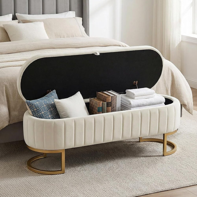 VIROL 51 Inch Storage Ottoman Bench Velvet End of Bed Storage Bench King Size Upholstered Tufted Bench Large Space for Bedroom Living Room Entryway Beige