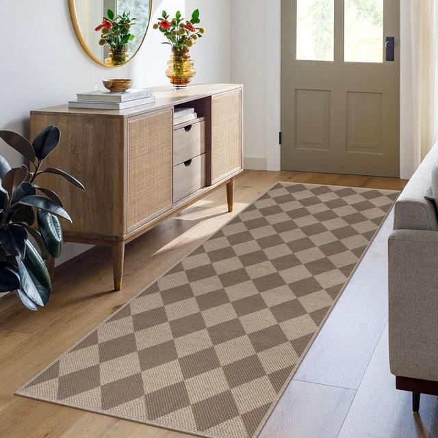 Rugalia Easy Jute Checkered Runner Rug, 2x6 Brown Modern Washable Rugs Runner for Hallway Non-Slip Kitchen Runner Rug, Geometric Diamond Indoor Outdoor Carpet for Porch Laundry Entryway