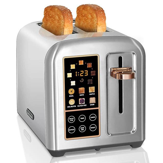 SEEDEEM Toaster 2 Slice, Stainless Steel Bread Toaster with Touch LCD Display, 50% Faster Heating Speed, 6 Bread Selection, 7 Shade Settings, 1.5'' Extra Wide Slots Toaster with 3 Basic+More Time Functions, Removable Crumb Tray, 1350W, Silver Metallic