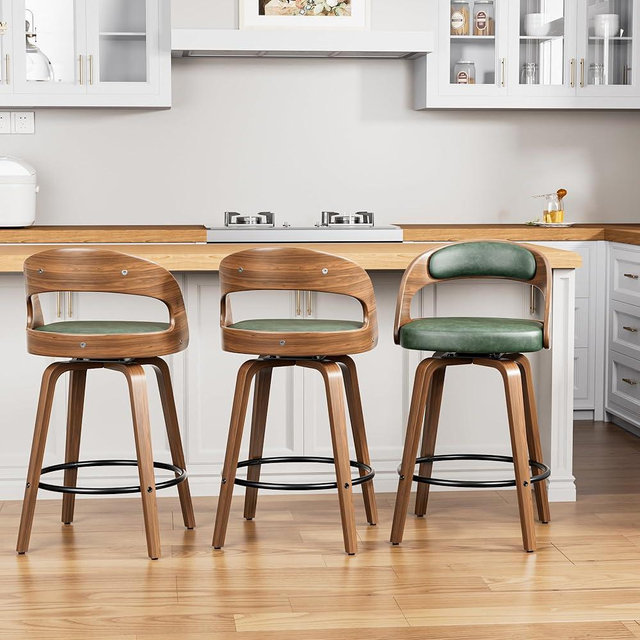 YaFiti Swivel Bar Stools Set of 3, 26" Upholstered Faux Leather Barstools with Bentwood Legs, Mid Century Modern Counter Height Bar Stools with Back for Kitchen Island, Dining Room, Green