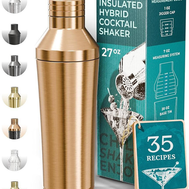 Insulated Cocktail Shaker Set | Double Wall Stainless Steel | Martini Shaker for Home Bar Bartending | Built-in Drink Measurement System & Strainer, Travel Bag, 35 Recipes | Gift Set (Copper)