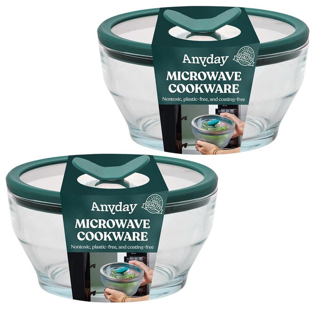 Anyday 2-Pack (4-Cup Deep) Glass Food Storage with Glass Lids | Plastic-Free Meal Prep & Microwave Cookware | Stackable Airtight Storage Container with Vented Lid for Microwave-Safe Reheating
