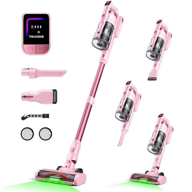 Cordless Vacuum Cleaner for Home, Upgraded 60Kpa Powerful Suction Pet Hair Vacuum with 70min Runtime, Green LED Light for Hardwood Floors & Carpet, Self-Standing Rechargeable Stick Vacuum, Light Pink