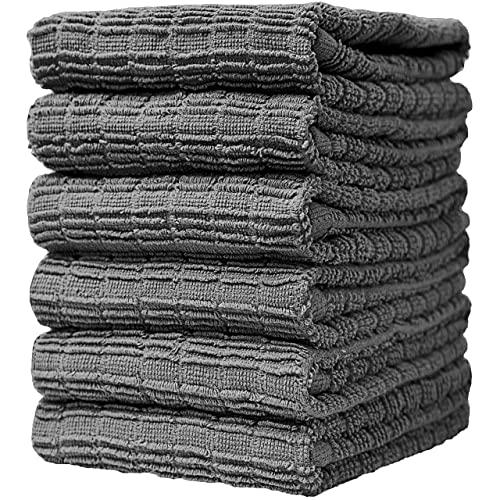 Premium Kitchen Towels (16”x 28”, 6 Pack) – Large Cotton Kitchen Hand Towels – Ribbed Check Design – 380 GSM Highly Absorbent Tea Towels Set with Hanging Loop - Grey