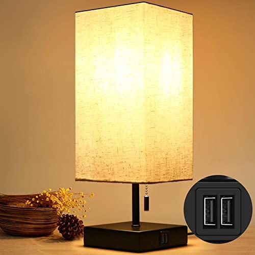 HOKEKI Bedside Table Lamp, with 2 Useful USB Ports, Black Charger Base with Beige Fabric Shade, Modern Desk Lamp for Bedroom, Living Room, Kid's Room, Dorm, Office