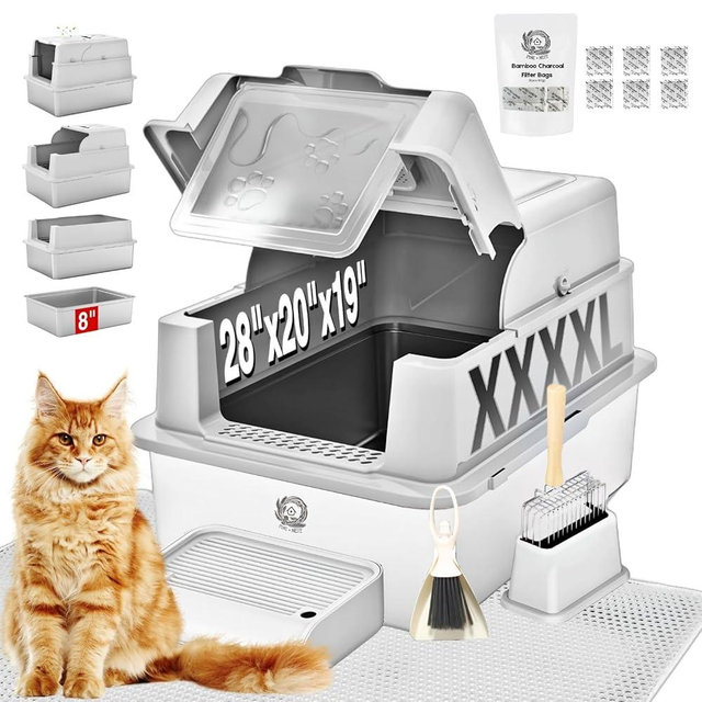 XXXXL Jumbo Stainless Steel Litter Box with Lid for Maine Coon, 28" L x 20" W x 19" H Extra Large Stainless Steel Cat Litter Box for Big Cat and Multi-Cats Families,Non-Sticky, Anti-Leakage