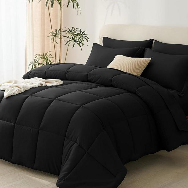 CozyLux Queen Comforter Set - 7 Pieces Bed in a Bag Set Black Queen, Complete Bedding Sets Bed Set for All Season with Comforter, Flat Sheets, Fitted Sheet, Pillowcases & Shams
