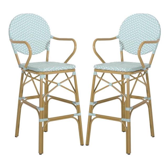 knocetx Outdoor Bar Stools Set of 2, Bamboo Print Finish Aluminum Frame French Bistro Bar Stools, 30 INCH Patio Rattan Woven Bar Chairs with Back Kitchen Island Stools (Dark Blue, 2PCS) (Teal, 2PCS)