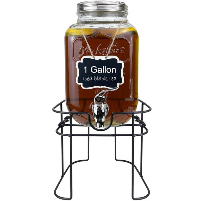 1 Gallon Glass Drink Dispenser for Parties, 1PCS Juice Lemonade Ice Tea Water Dispenser with Stand, HENABLE Beverage Dispensers with Spigot for BBQ, Picnic, Party