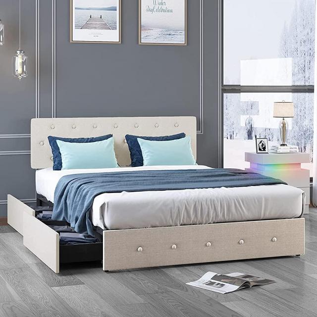 BALUS King Size Bed Frame with 4 Underbed Storage Drawers, Upholstered Platform Bed Frame with Button Tufted Headboard and Footboard, No Box Spring Needed, Sturdy Wood Slat Support (King, Beige)