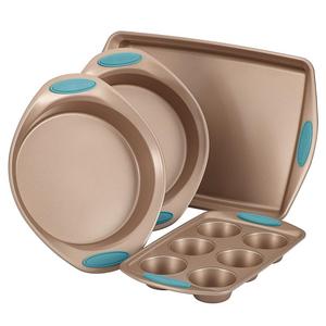 Meyer - Rachael Ray Cucina 4-Piece Bakeware Set, Latte Brown with Agave Blue Handle Grips