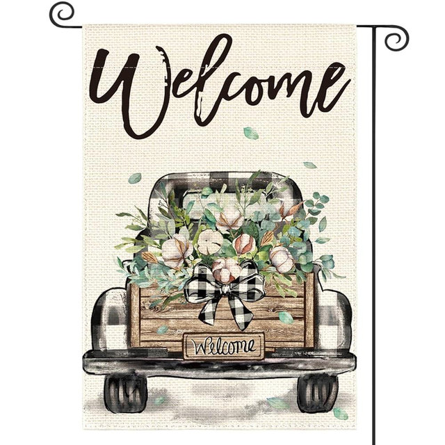 AVOIN colorlife Welcome Spring Truck Garden Flag 12x18 Inch Double Sided, Cotton Rustic Buffalo Plaid Yard Outdoor Flag