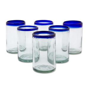 NOVICA Artisan Crafted Hand Blown Clear Blue Rim Recycled Glass Juice Glasses, 14 oz. 'Classic' (set of 6)