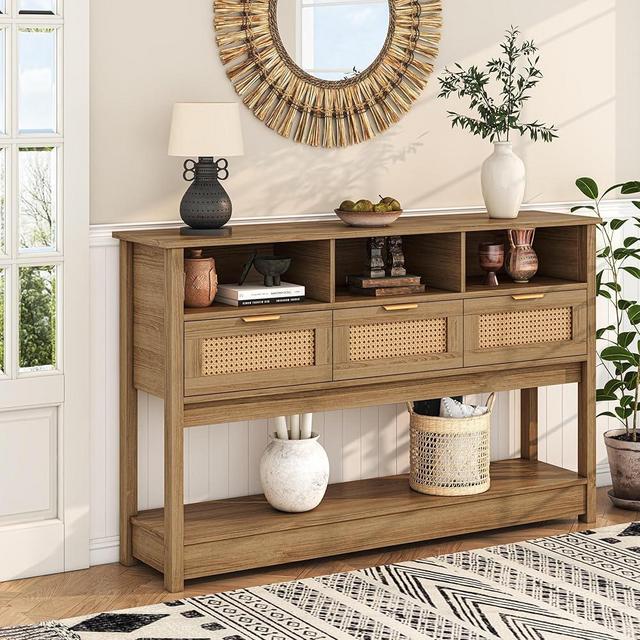 knoworld Rattan Console Table, Entryway Table Sofa Table with Storage, Hallway Foyer Table Behind Couch Table, Wood Console Tables Open Storage Shelf for Living Room, Hallway