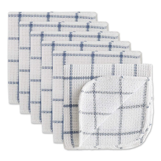 DII Scrubber Dishcloths Collection Windowpane Dishrag Set, 12x12, White/Stonewash Blue Stripe, 6 Piece