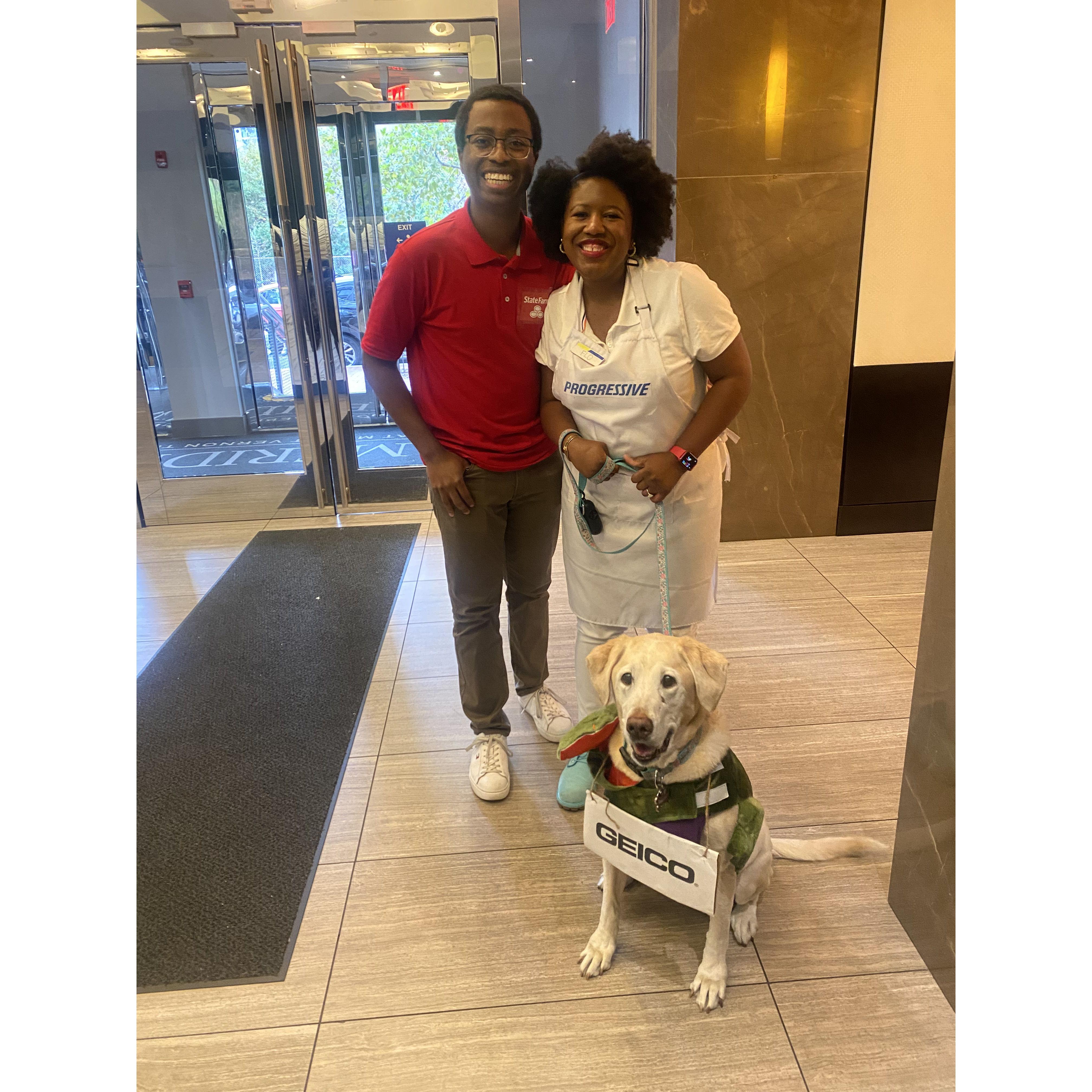 Dressing up as Flo from Progressive, Jake from State Farm, and the gecko from GEICO for Halloween! - 2023