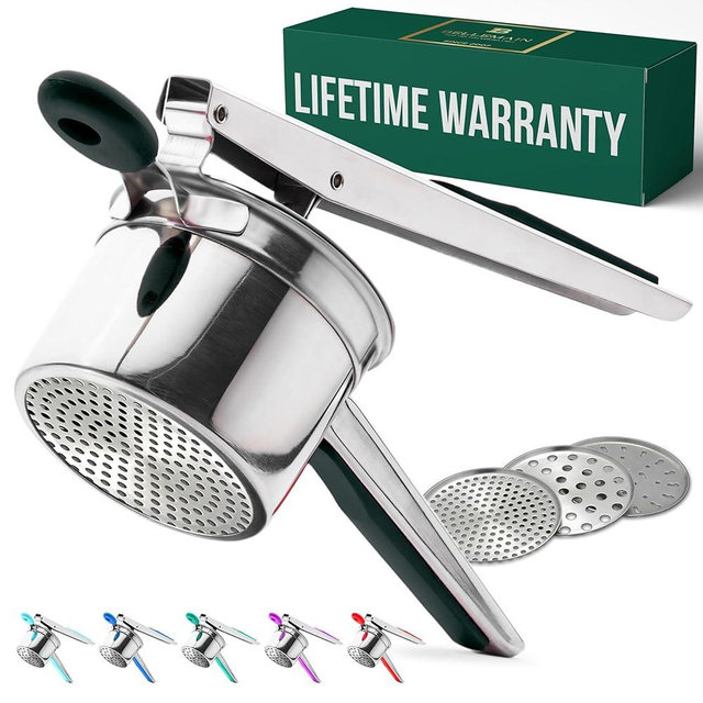 Bellemain 15 oz Large Potato Ricer | Heavy-Duty Stainless Steel Potato Ricer & Masher | Perfect for Mashed Potatoes | Ricer Kitchen Tool with 3 Interchangeable Discs (Black)