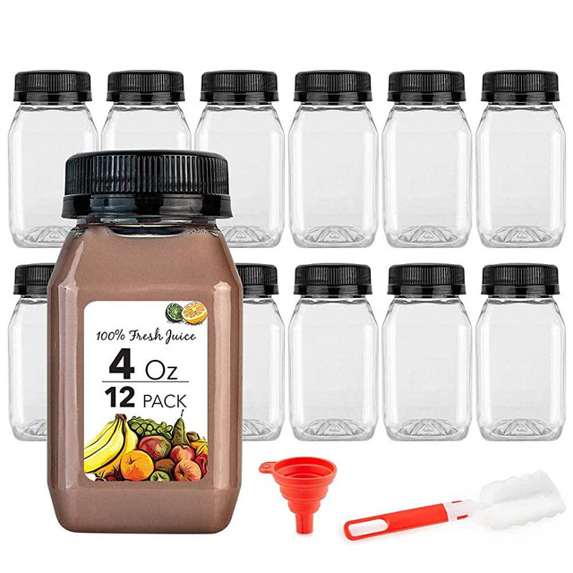 Juice Bottles with Caps for Juicing & Smoothies, Reusable Clear Empty Plastic Bottles with Caps, 4 Ounce Drink Containers for Mini Fridge, Juicer Shots, Small Water Bottles Bulk 4 oz (12 Pack)