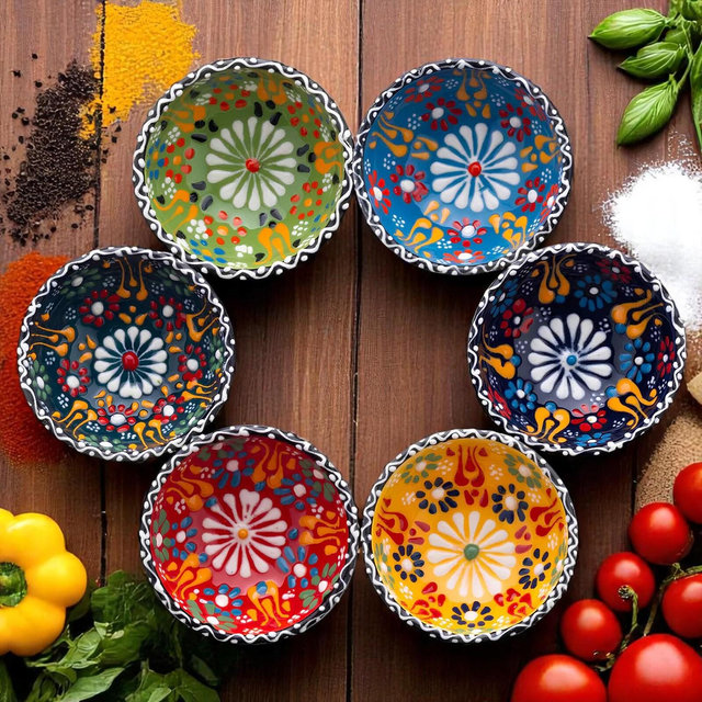 Handmade Ceramic Dipping Bowls: Turkish Floral Design Spices Dishes, Set of 6 Pinch Bowls