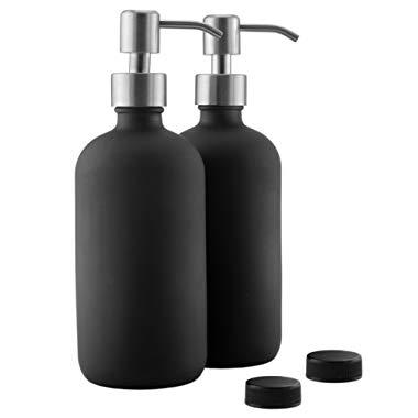 16oz Black Glass Bottles w/Stainless Steel Pumps (2-Pack); Black Coated Boston Round; Lotion & Soap Dispensers