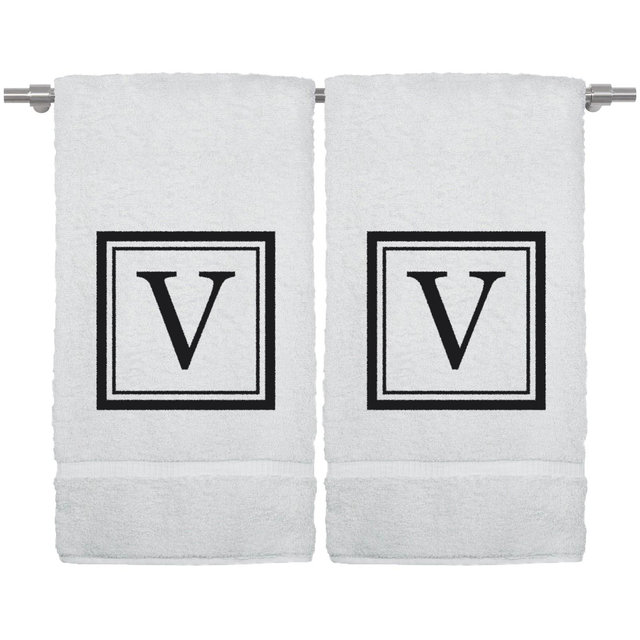 BC BARE COTTON Monogrammed Hand Towel, 100% Turkish Cotton - Set of 2 - White - Black Square - V