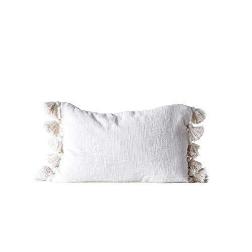 Creative Co-op Cotton Woven Slub with Plush Tassels Pillow, Cream