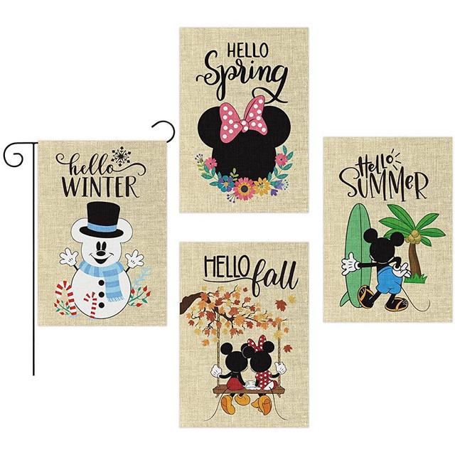 D1resion 4Pcs Seasonal Garden Flag Set Hello Spring Summer Fall Winter Cartoon Mouse Burlap Yard Flags Double Sided Print Vertical House Flag Autumn Decorations for Home Outdoor Lawn 12.4 X 18.1 In