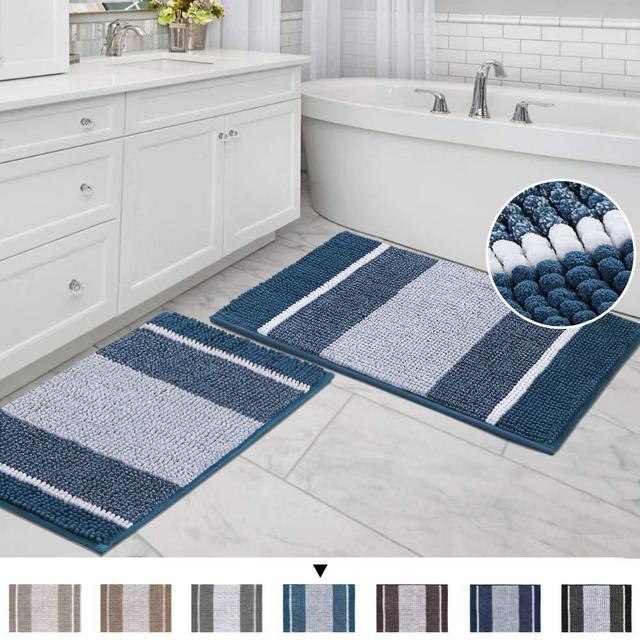 Super Thick Soft Ombre Striped Shaggy Chenille Bath Mats Machine Washable Bath Rugs Set for Bathroom, Dry Fast Water Absorbent Bath Mats, Moroccan Blue (Pack 2-20" x 32"/17" x 24")