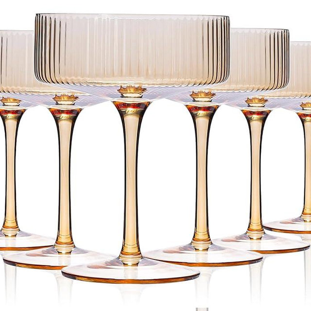 Amber martini glasses Vintage Art Deco Amber Coupe Glasses Set of 6 Ribbed Martini Cocktail Glasses 9 oz|Vintage Cocktail Glasses Set,Unique Pink Coupe Glass, Classic Cocktail Galssware