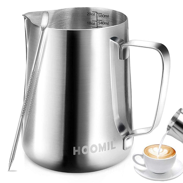 HOOMIL Milk Frothing Pitcher, Stainless Steel Espresso Steaming Pitcher 20OZ/600ML Coffee Milk Frother Cup with Decorating Art Pen for Espresso Machine, Milk Frother, Latte Art