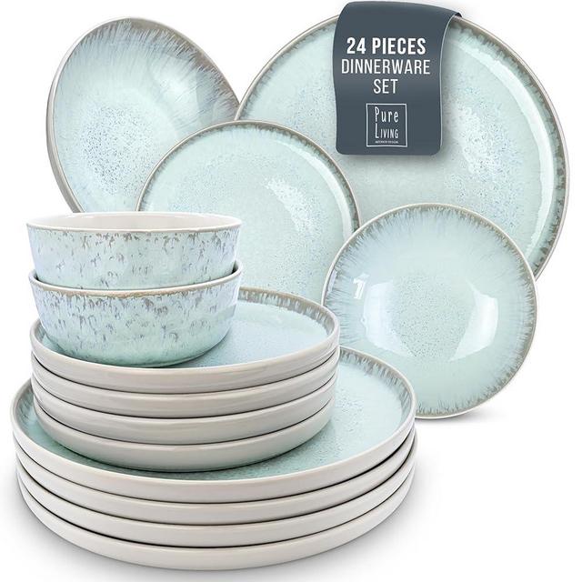 24 Piece Dinnerware Sets for 8 - Modern Ibiza-Style Stoneware Dinnerware Set -Scratch Resistant,Microwave Safe Dinner Plates and Bowls Sets Ceramic,Dish Set, Bowl and Plate Set-Light Beige Blue Dishes