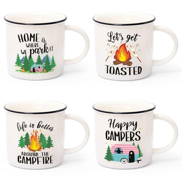 Nefelibata Camping Coffee Mug Set of 4 Happy Campers Campfire Tea Cups for Coffee, Tea, Milk Travel Ceramic Mug Camping Lover Holiday Gifts