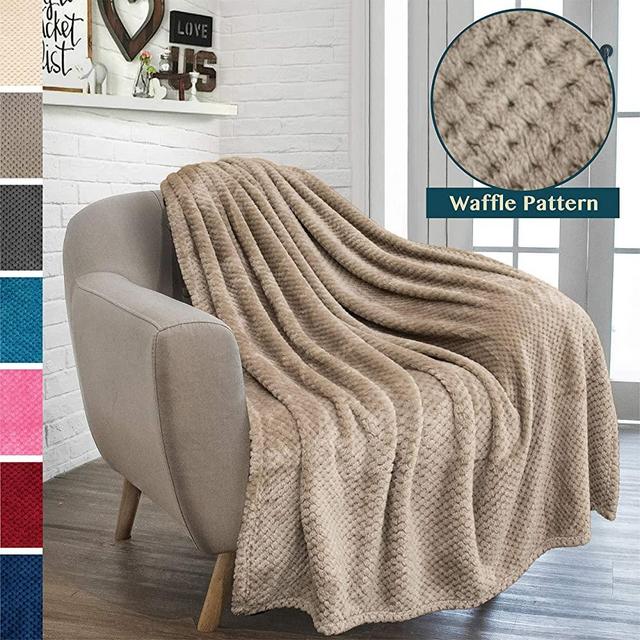 PAVILIA Premium Flannel Fleece Throw Blanket for Sofa Couch | Taupe Waffle Textured Soft Fuzzy Throw | Warm Cozy Microfiber | Lightweight, All Season Use | 50 x 60 Inches