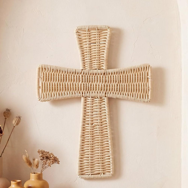 Leinuosen Boho Wicker Cross Wall Decor 12 Inch Handmade Rattan Cross Bohemian Hanging Ornament Rustic Natural Woven Art for Living Room Bedroom Entryway Church Easter Religious Decor Christian Gift