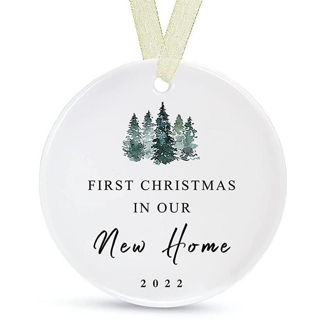 First Christmas in New Home Ornament 2022, First New Home Ornament New House Ornament 2022 Our First House Christmas Ornament Housewarming Christmas Ornaments Round Ceramic with Gift Box&Ribbon (2.9"