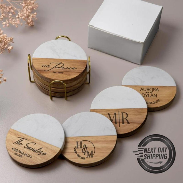 Custom Coasters Set, Personalized Gifts for Her, Wedding Gift, Marble and Wood Coaster, Engagement, Housewarming Gift