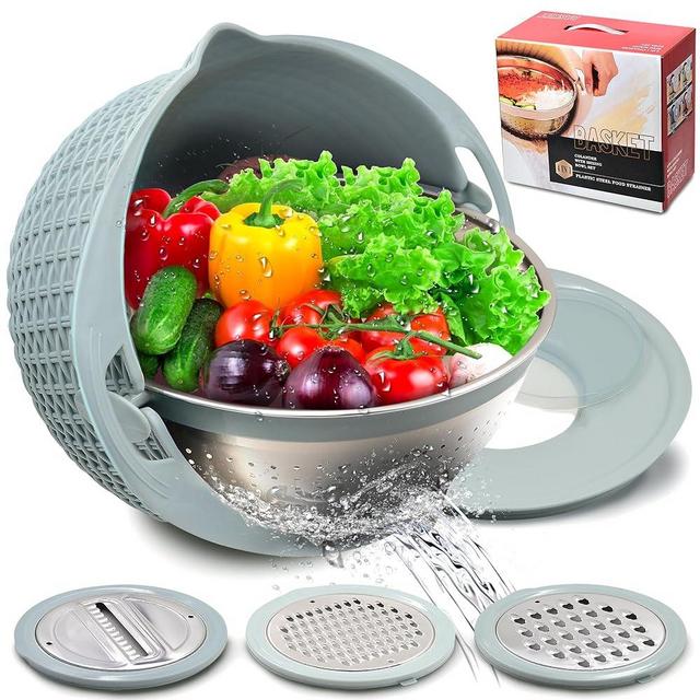 4-1 Colander with Mixing Bowl Set, 2024 New Food Strainers and Colanders Set for Kitchen, Pasta Rice Strainer, Fruit and Veggie Washer, Salad Spinner, Kitchen Essentials Strainer Basket Bowl, Blue